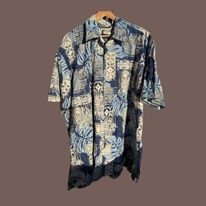 Go Barefoot Hawaiian Shirt | Blue Tribal Print | Size 2XL | Vintage